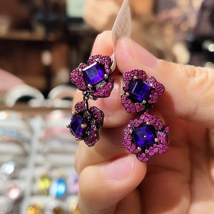 紫晶耳饰银S925镶嵌意大利工艺