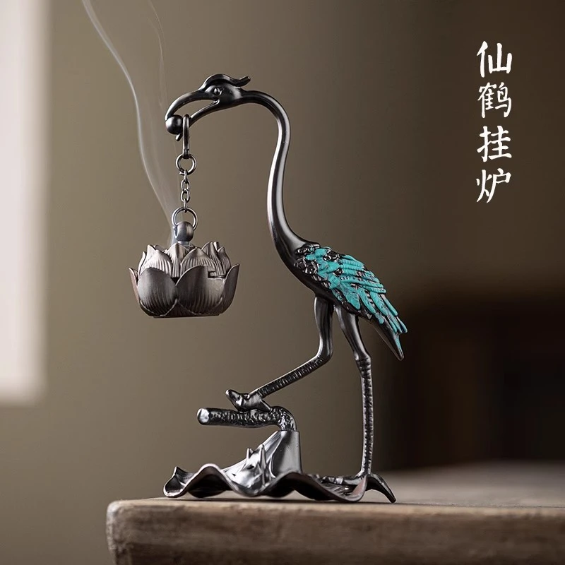 仙鹤莲花悬挂炉摆件创意熏香炉复古合金玄关香道仙鹤香炉家用