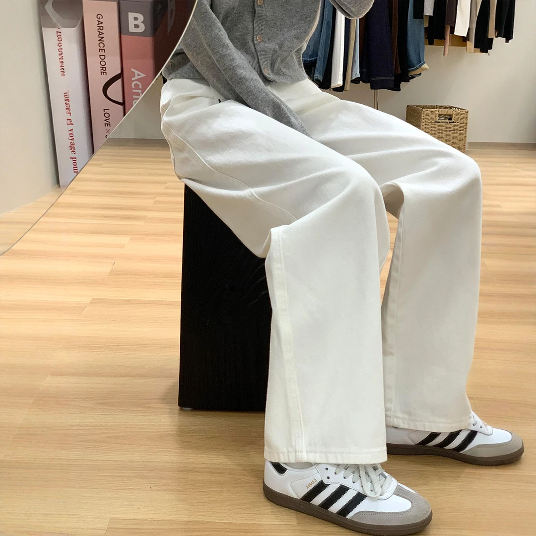 白色阔腿牛仔裤女早秋新款大码胖mm宽松显瘦垂坠感直筒休闲拖地裤