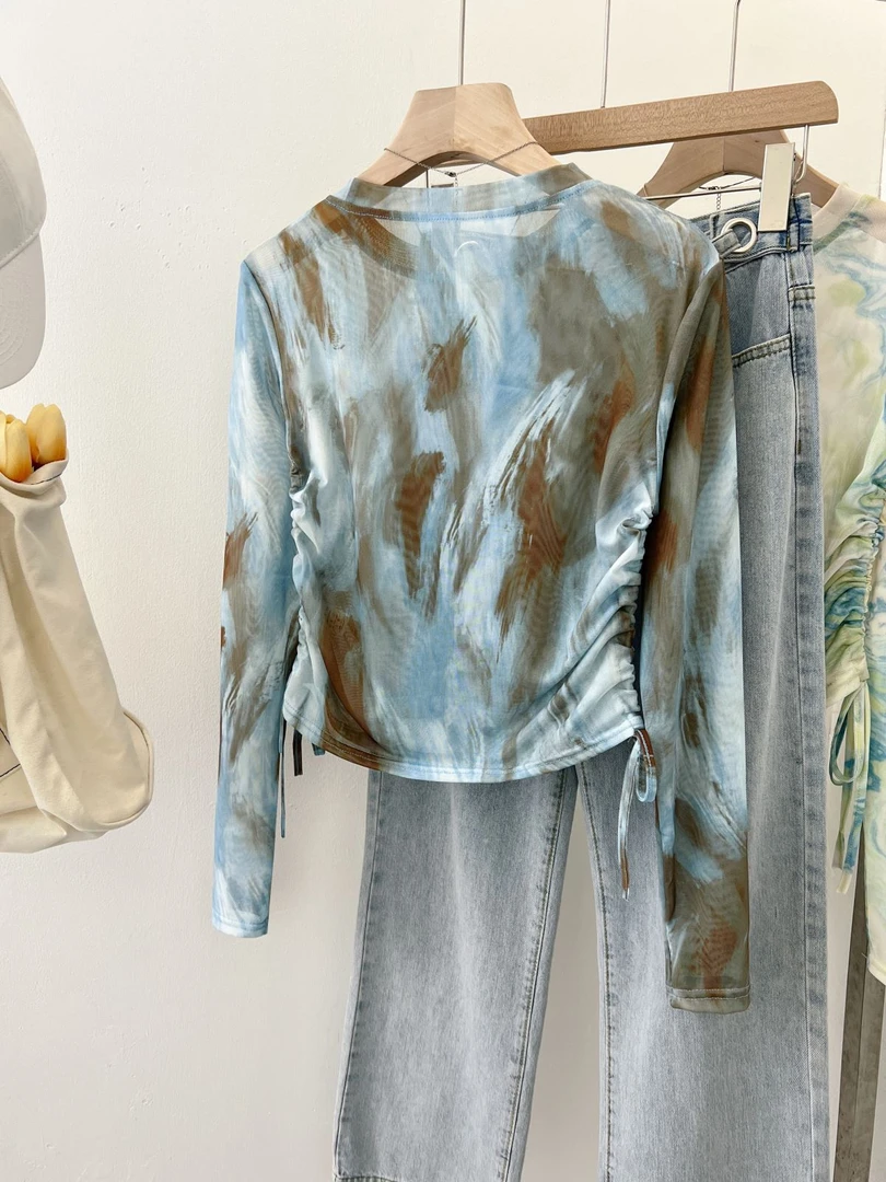 印花常规短款扎染长袖速干T恤夏季碎花气质时尚减龄百搭