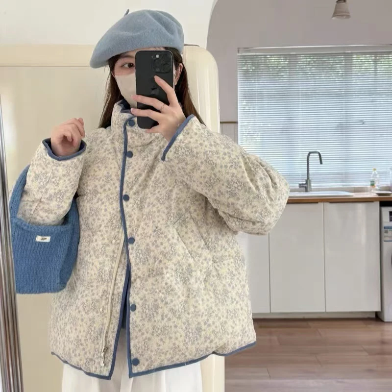 韩版立领蓝色小碎花厚外套女冬季新款设计感百搭面包服外套 5308