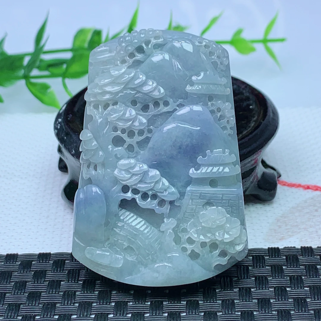 缅甸天然A货翡翠 紫罗兰山水意境牌吊坠 尺寸；60.5*41.7*11.7mm