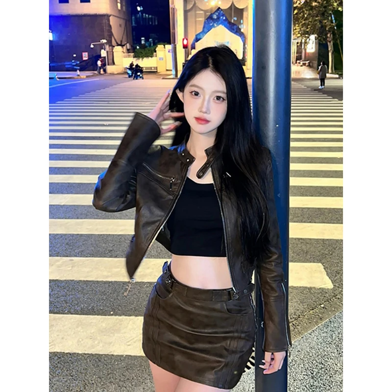 美式圆领短款黑色皮衣外套女2025秋季新款修身显瘦高级感夹克上衣