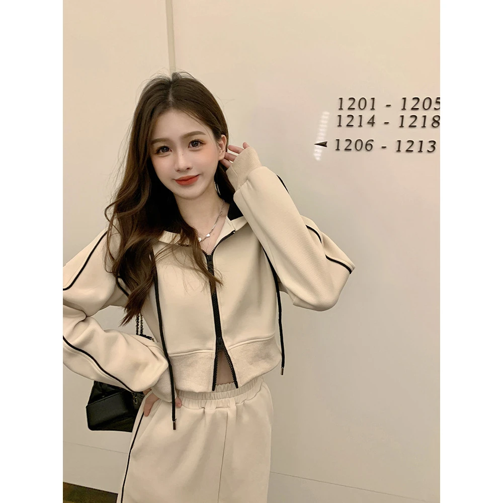 时尚显瘦气质春秋中长款长袖套装 美式短款拉链连帽卫衣藏青杏色