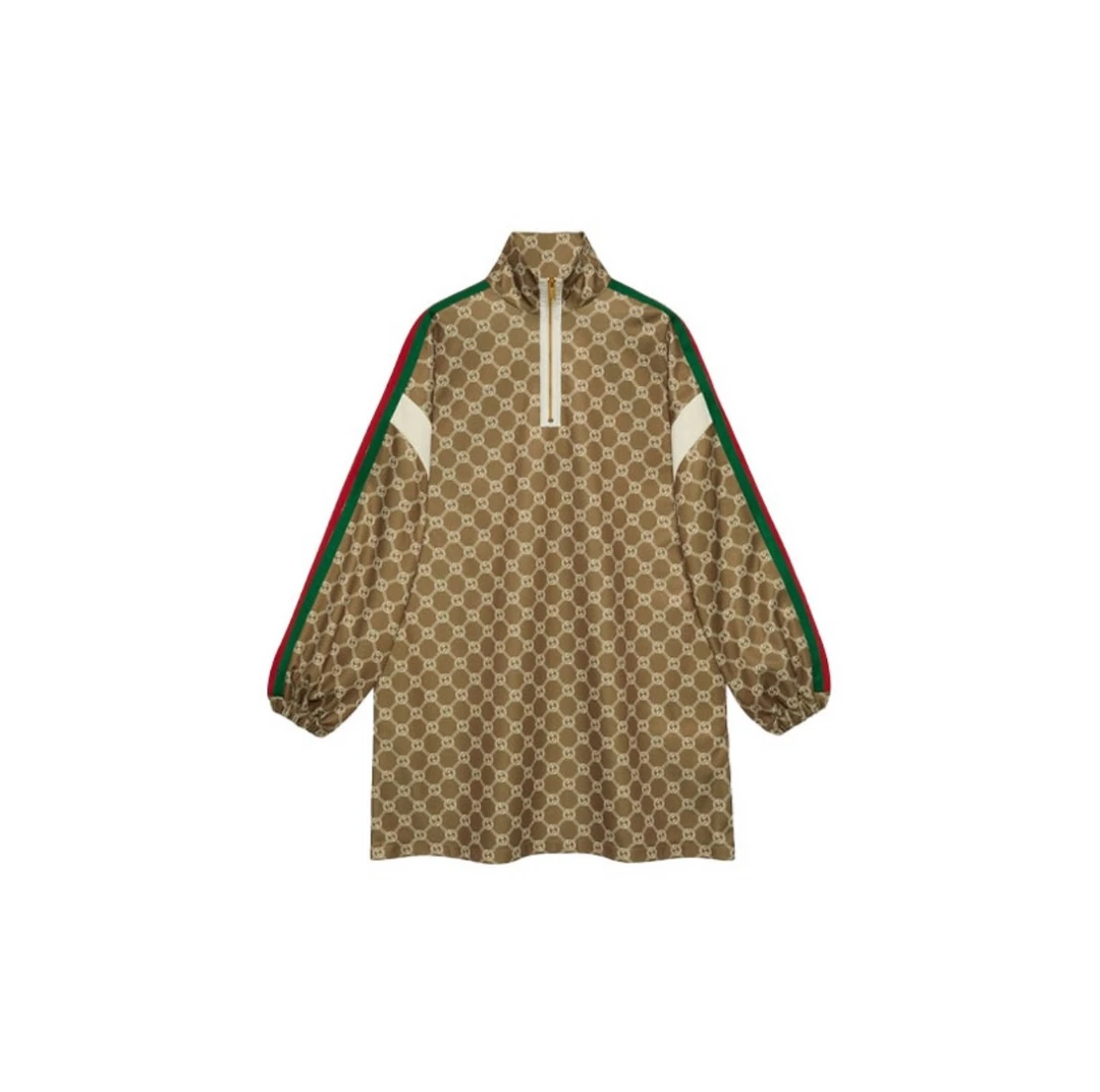 未使用 GUCCI/古驰 女款 棕色  GG互扣满印立领连衣裙 红绿织带