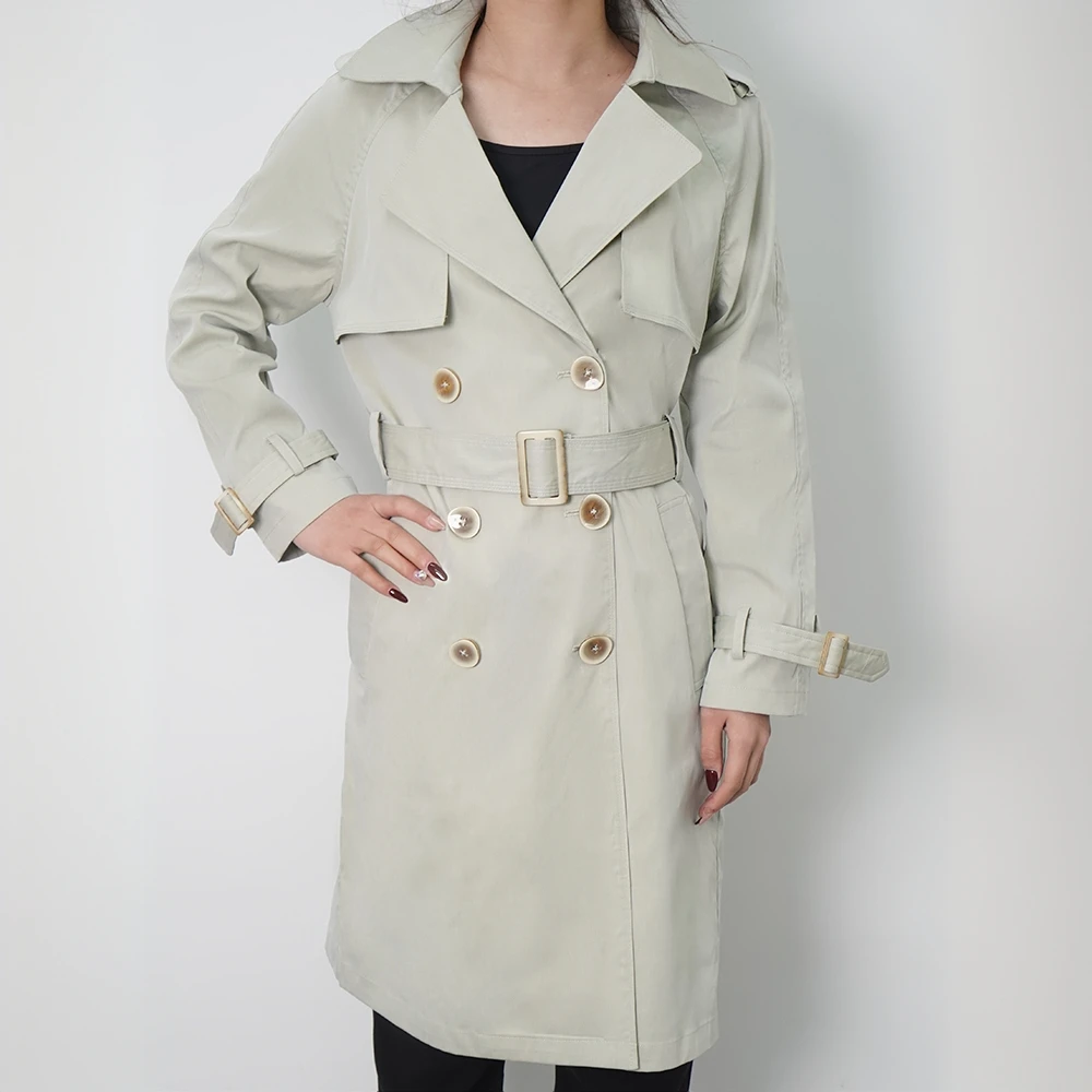 LUDOCO新款浅绿色风衣休闲气质英伦风大衣中长款外套女装