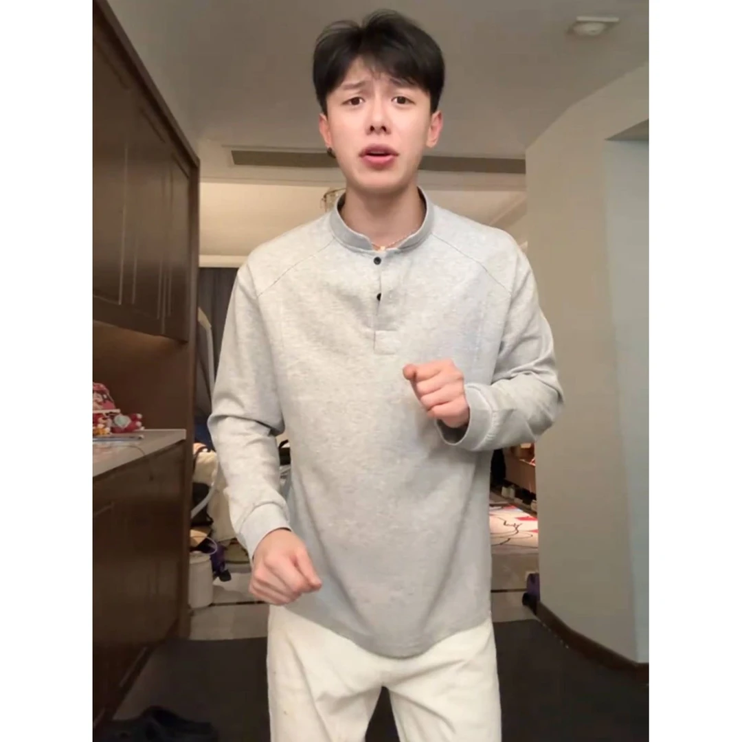 POLO衫亨利领长袖t恤男秋季解构拼接设计感正肩打底衫春秋款卫衣