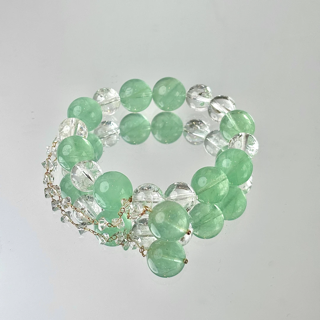 【暖暖石】13mm绿萤石10mm白水晶手串面小仙多样性发其一