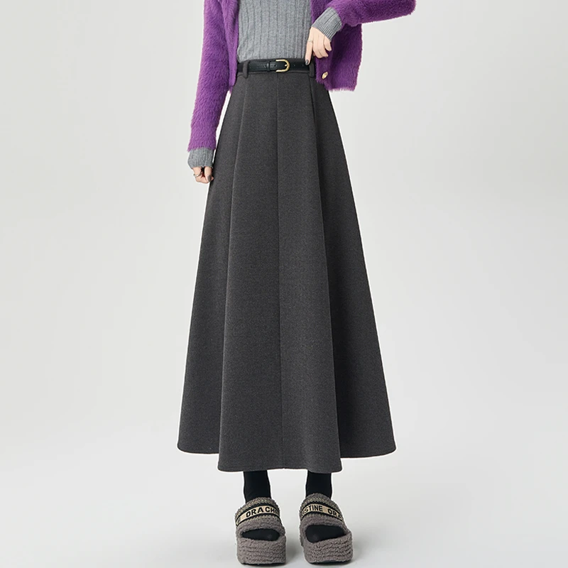 韩版灰色高腰毛呢半身裙女2025新款秋冬中长款A字显瘦百褶伞裙子