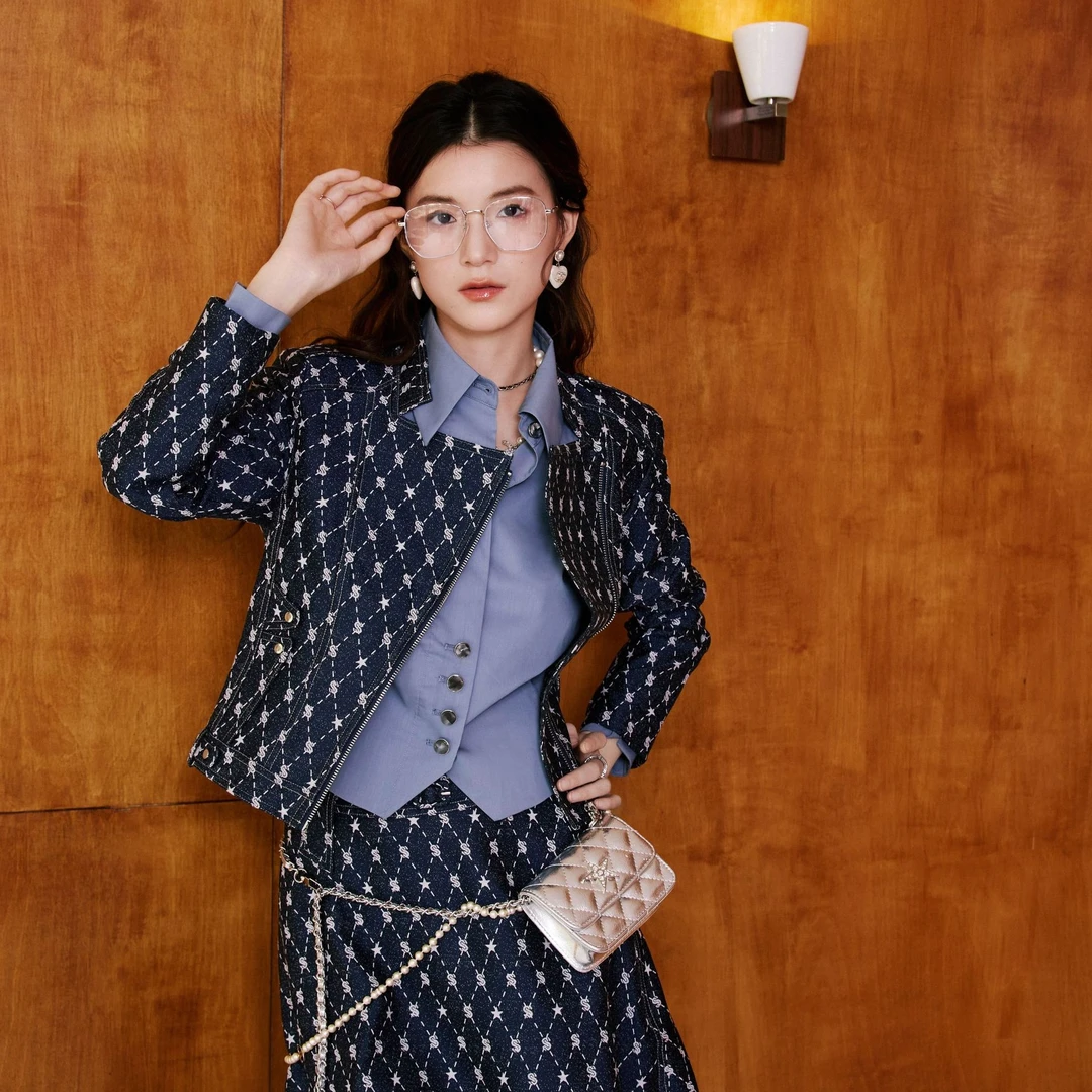 【九月专属 】她翼秋季上衣女士长袖牛仔蓝色时尚印花EF3341361108