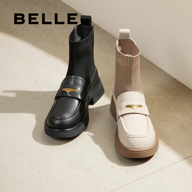 百丽l乐福袜靴女秋冬商场同款复古时尚英伦风休闲短靴B8T1DDD4