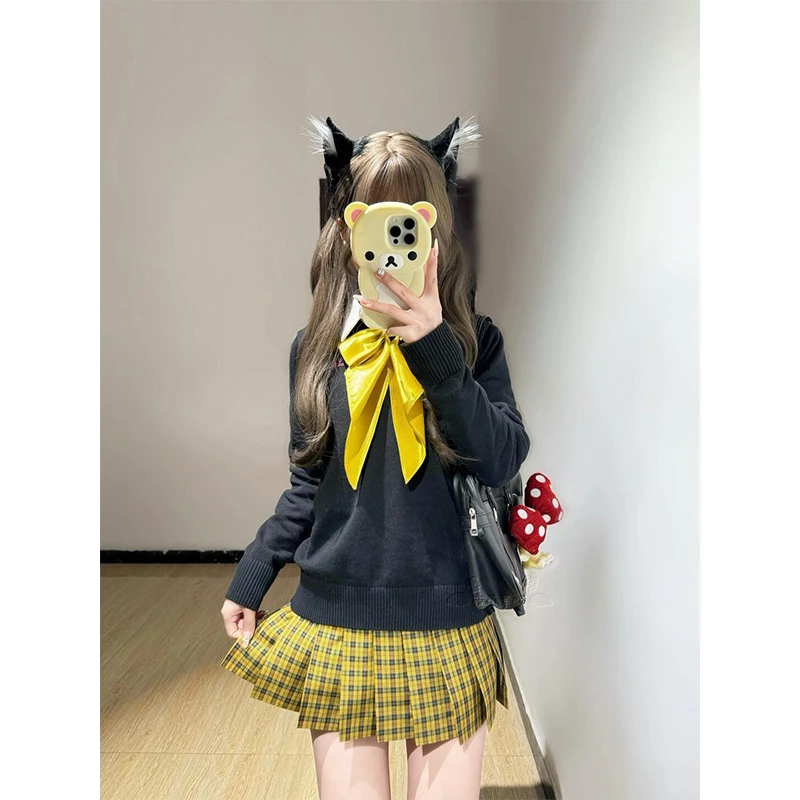 原创秋冬新款校供感JK制服长袖针织套头毛衣学院风百搭向日葵格裙