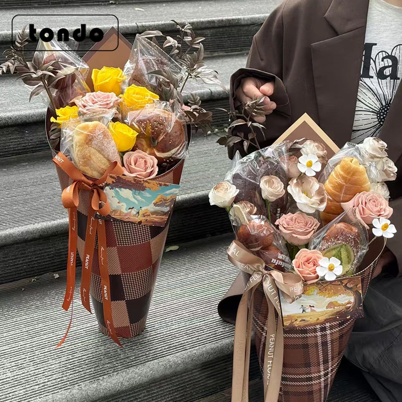 秋冬季美拉德防水一体定型片板栗花甜筒造型包装纸复古鲜花包装纸