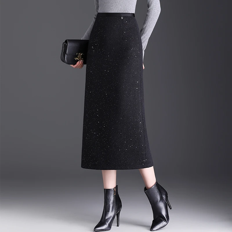 气质简约直筒半身裙2025春季新款小香风亮片中长款显瘦开叉一步裙