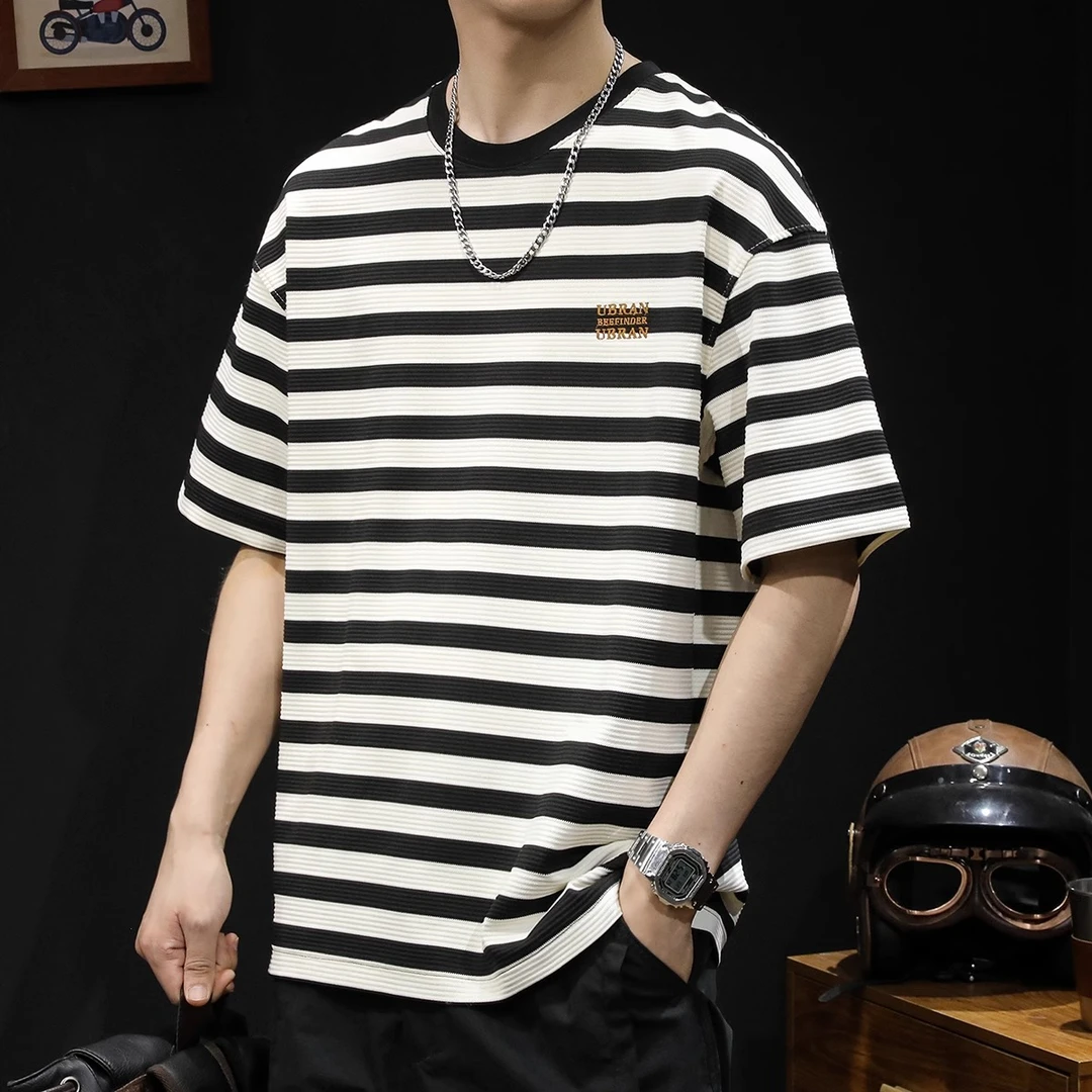 高端重磅条纹短袖t恤男士夏季新款宽松男款衣服潮牌百搭男装体恤T