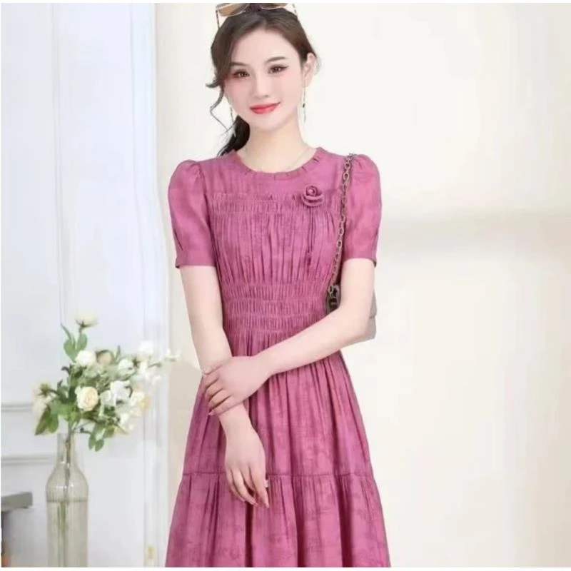 Y3491短袖中长裙夏季长裙汉派连衣裙A字裙少女风圆领中腰花边领