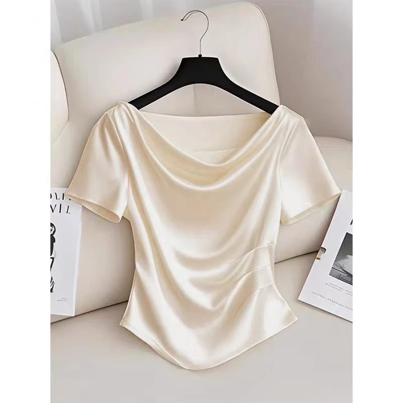 法式黑色一字肩荡领恤女短袖高级感2025夏季新款短款掐收腰上衣