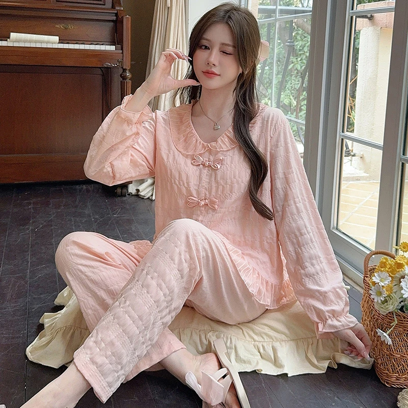 【百褶盘扣】春季2025睡衣女梭织条纹格休闲外穿薄款公主风家居服