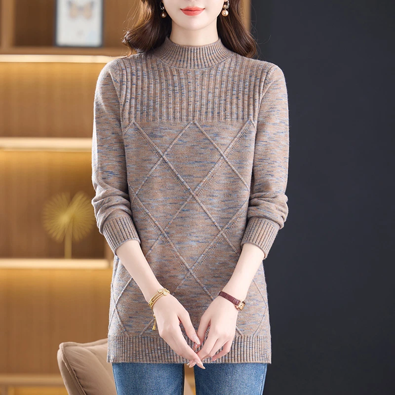 中长款毛衣女秋冬2025新款洋气妈妈冬季半高领针织打底衫加厚内搭