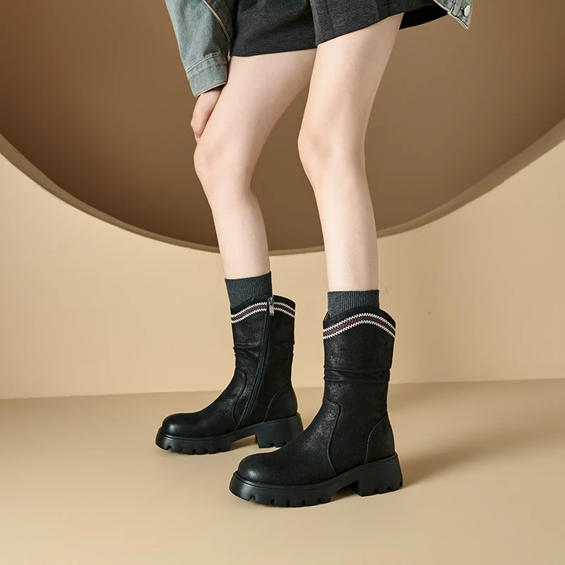 5CM牛皮,侧拉链中筒冬季高跟马丁靴巴黎字母朋克风冬季中筒马丁靴