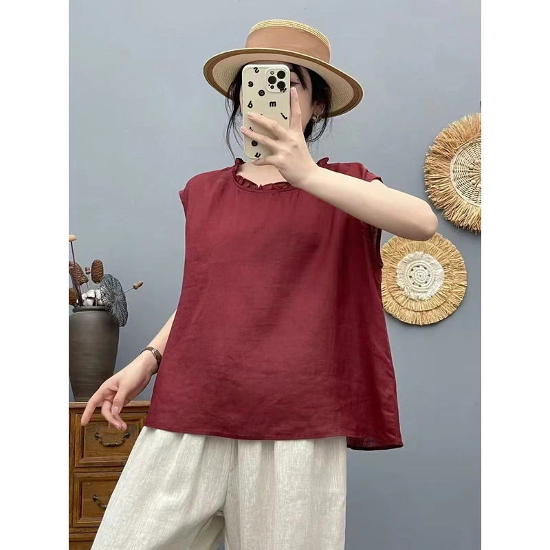 与曼 苎麻100%夏季木耳慵懒风简约两面穿衬衫内搭纯色上衣小衫