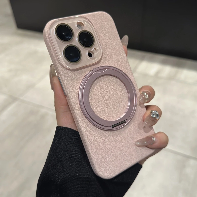 粉色带镜头膜适用苹果16pro手机壳360旋转磁吸支架网红男女款奢华