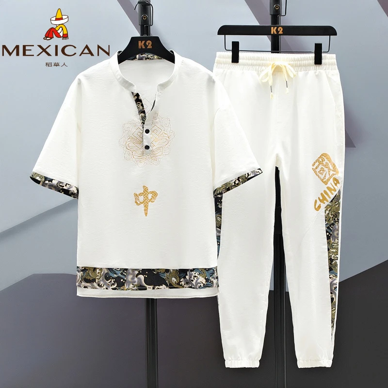 Mexican/稻草人夏季高档短袖长裤中国风冰丝套装男士复古盘扣汉服