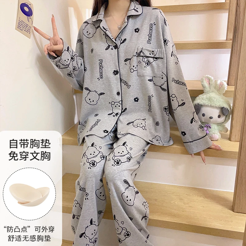帕恰狗睡衣春秋女款带胸垫2025年新款日系休闲学生长袖套装家居服