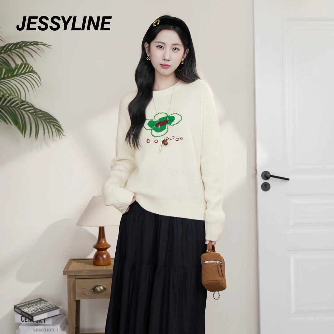 抖音好物杰茜莱米白针织衫圆领毛衣jessyline秋季新款