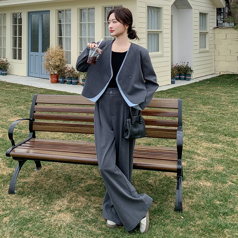 灰色撞色拼接西装套装女春季2025新款小个子流行通勤阔腿裤两件套