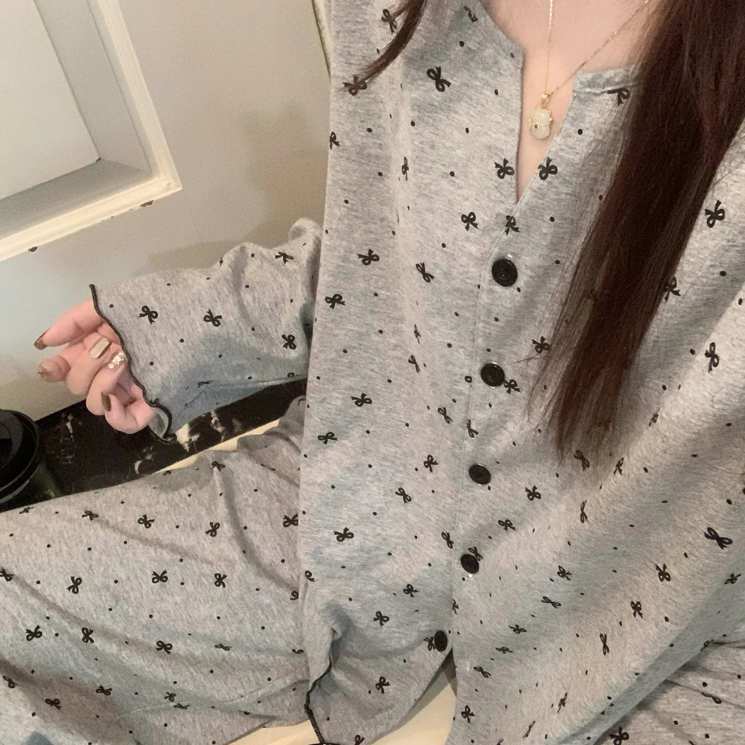 ins灰色蝴蝶结春秋睡衣女纯棉布料100全棉家居服秋季套装新款大码