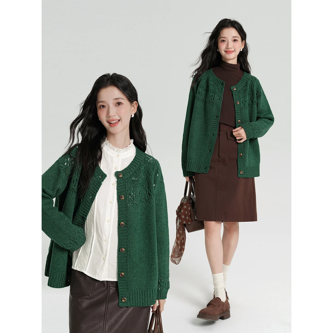 木易易 慵懒镂空钩花圆领针织开衫女韩系氛围感早秋穿搭毛衣外套