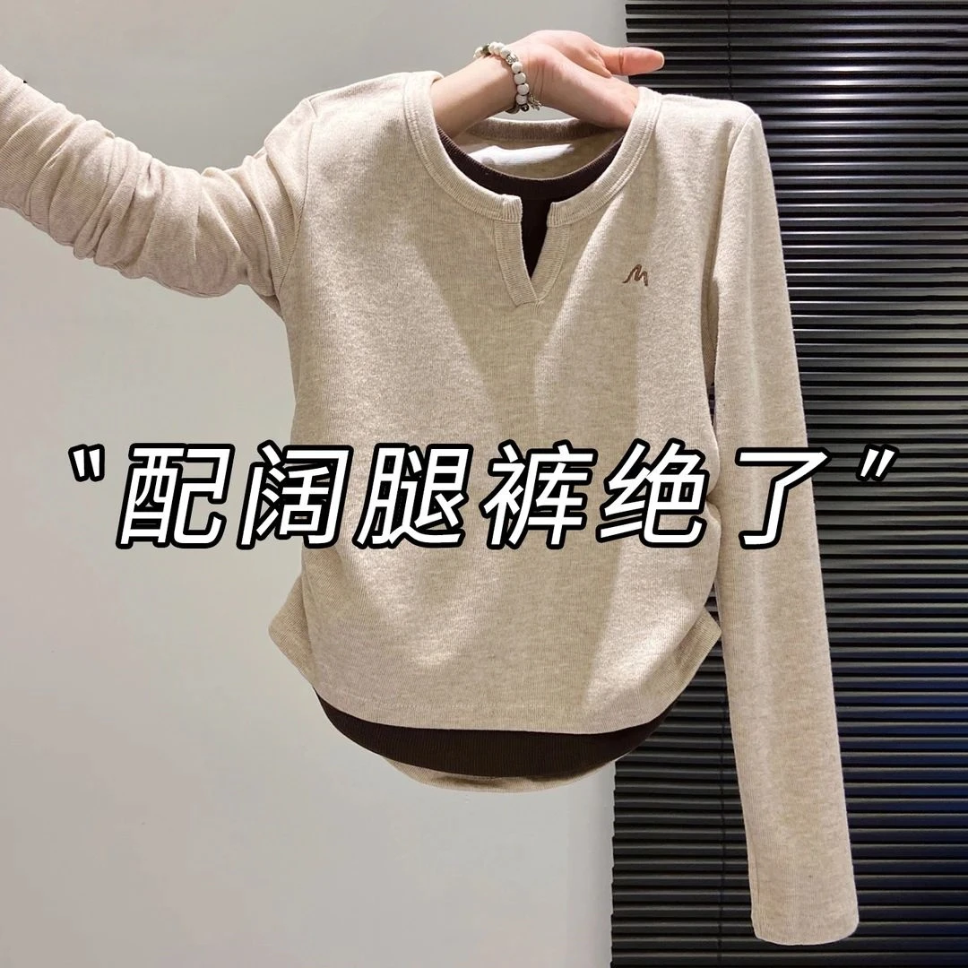 大码女装假两件长袖t恤女2025春季新款设计感显瘦修身打底衫上衣