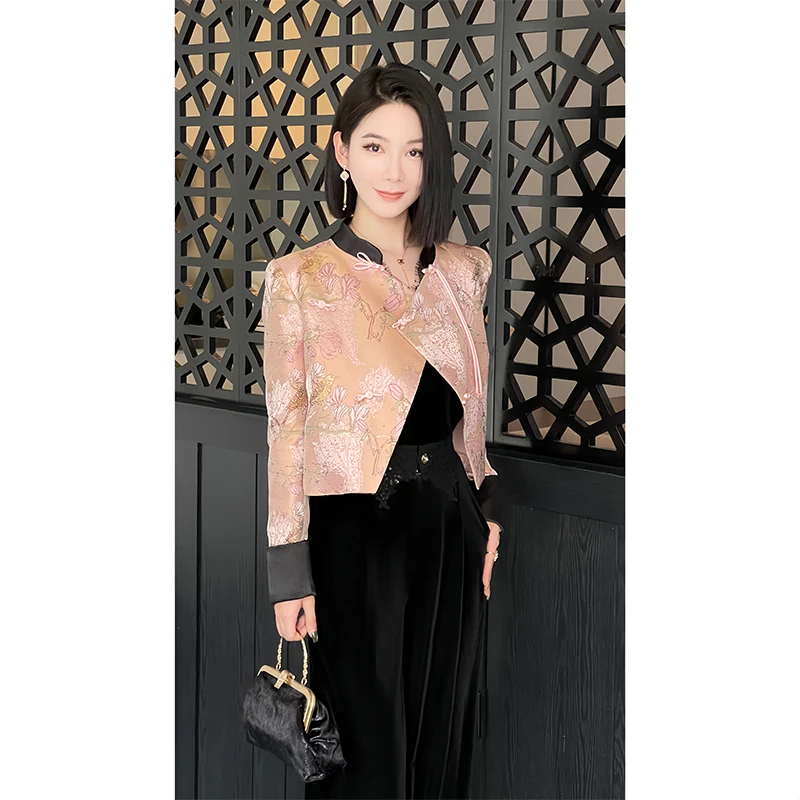 格娜2025秋季新款温婉粉色外套长袖短外套女装禅意仙气飘飘套装