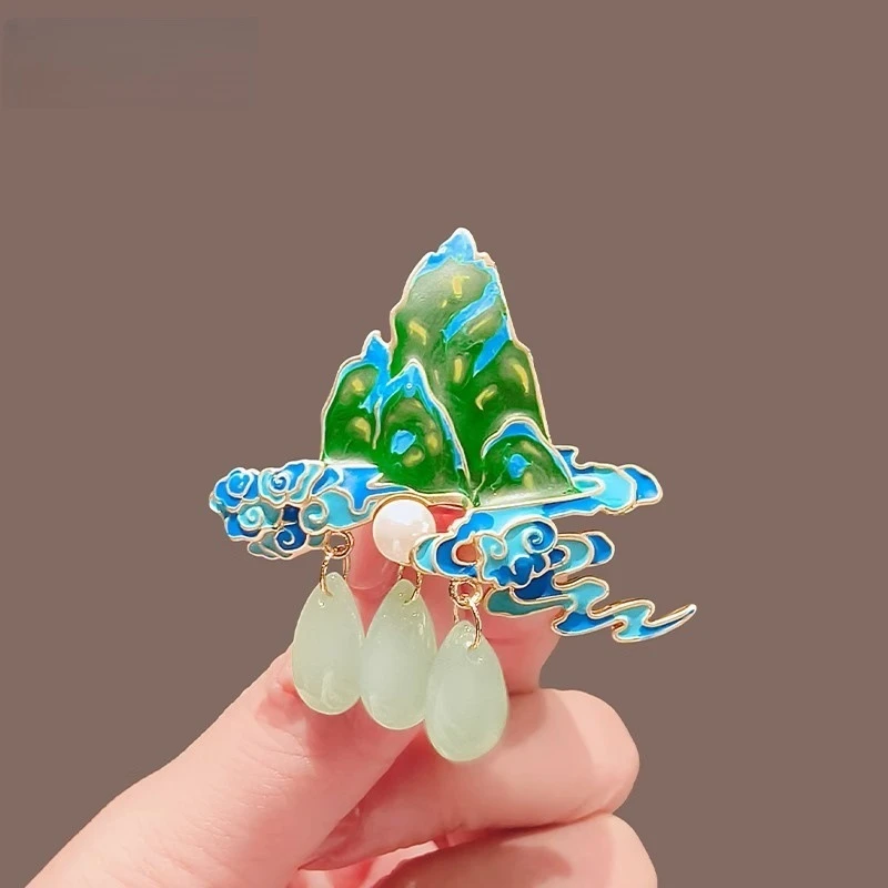 合金胸针 高档中式绿色山水复古胸针 古风古典百搭外套胸花配饰品