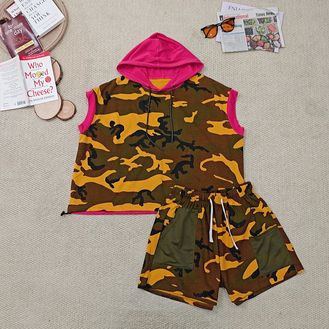 2025夏季新款休闲宽松迷彩连帽马甲套装2884