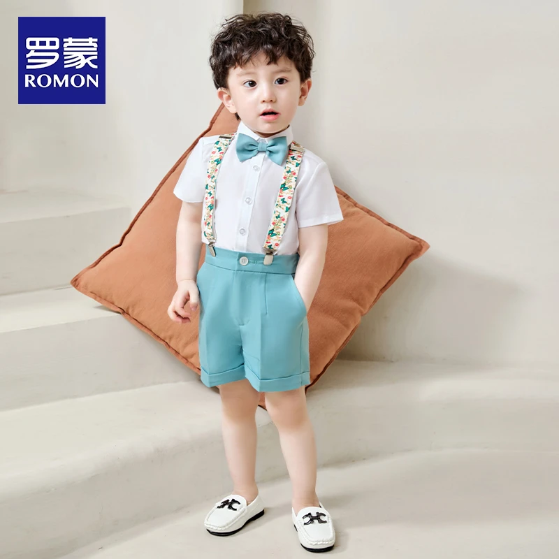 Romon/罗蒙男童夏装套装背带装演出服多巴胺风格衣服儿童周岁礼服