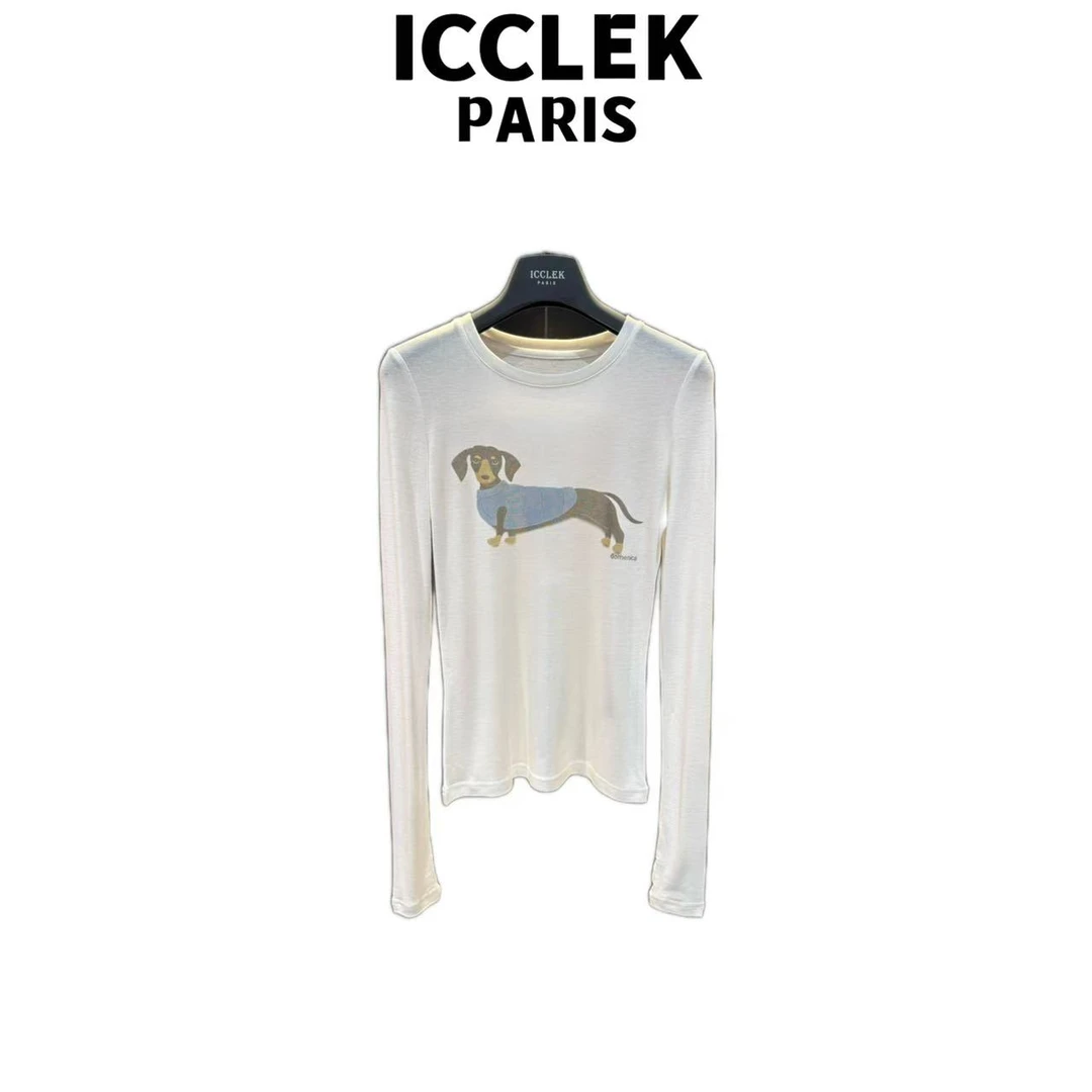 ICCLEK 白色卡通小狗气质轻奢名媛百搭显瘦秋季圆领上衣打底-9059