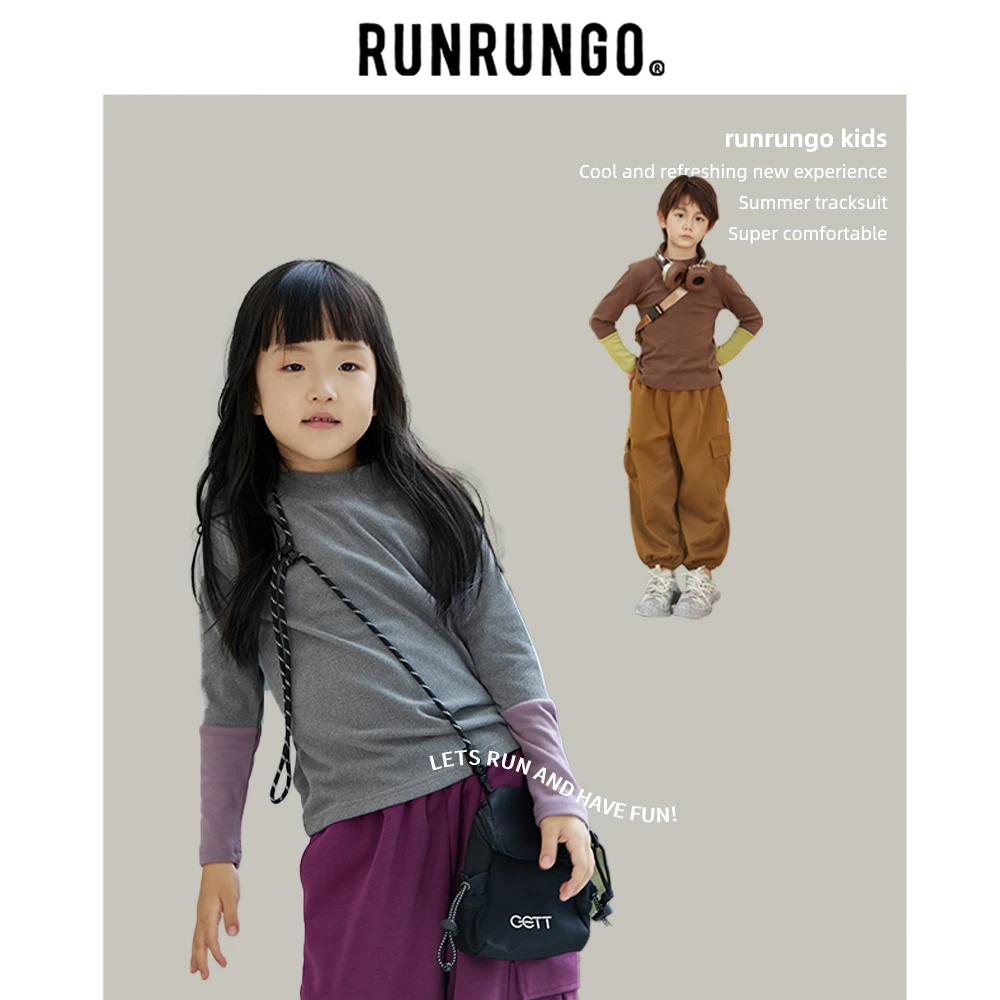 Runrungo【小奶皮】拼接袖半高领儿童打底衫女童秋冬保暖秋衣福气