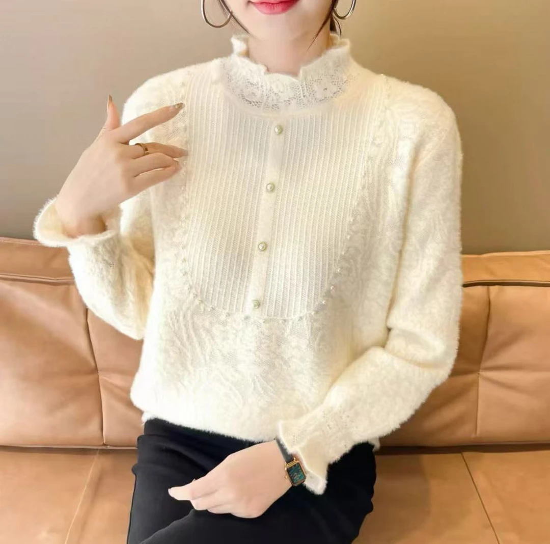 半高领加厚提花厚款不缩水针织衫钉珠秋冬季毛衣上衣女减龄打底衫