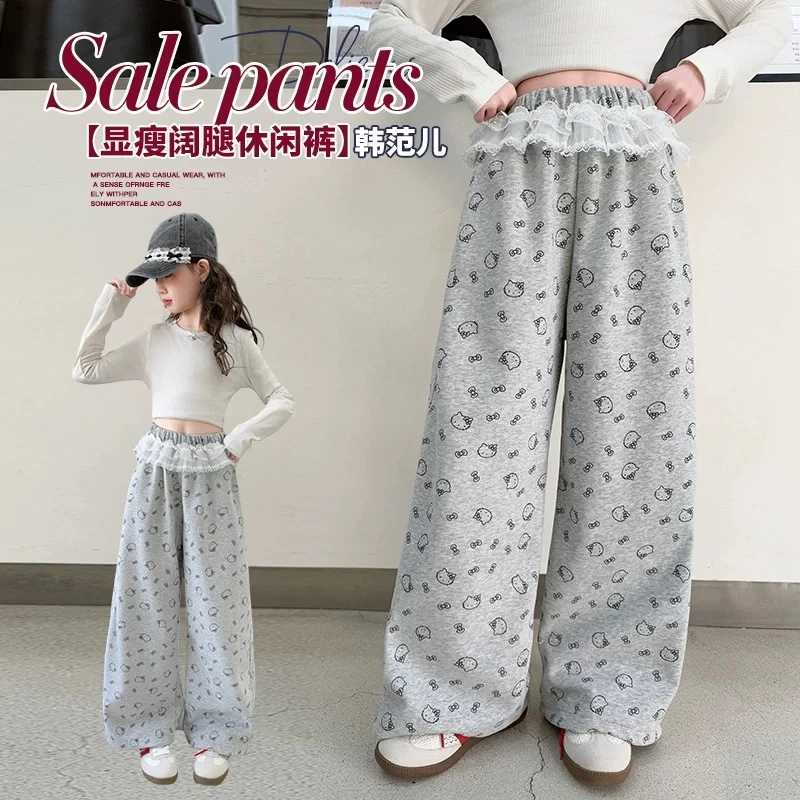 女童裤子2025春款新款阔腿束脚裤女孩洋气百搭儿童印花宽松卫衣裤