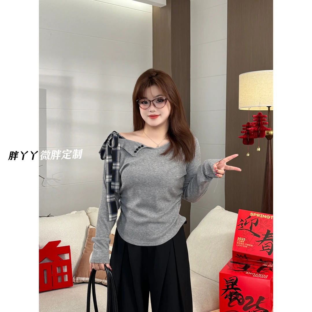 【胖丫丫】大码一字肩针织打底衫女春季甜辣露肩蝴蝶结短款上衣