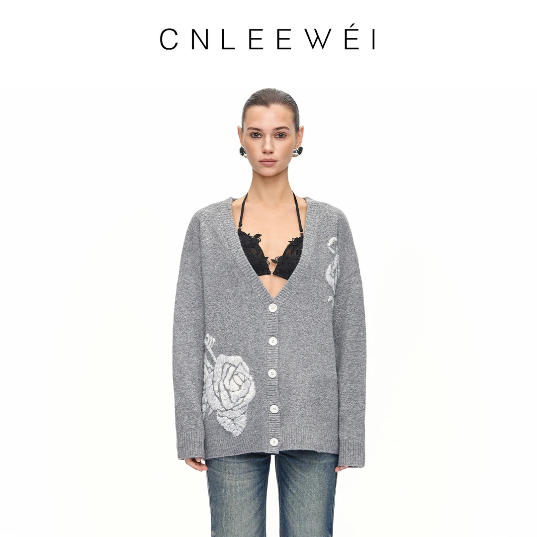 CNLEEWEI 2025年秋季新款织花工艺廓形毛织开衫女设计师原创品牌