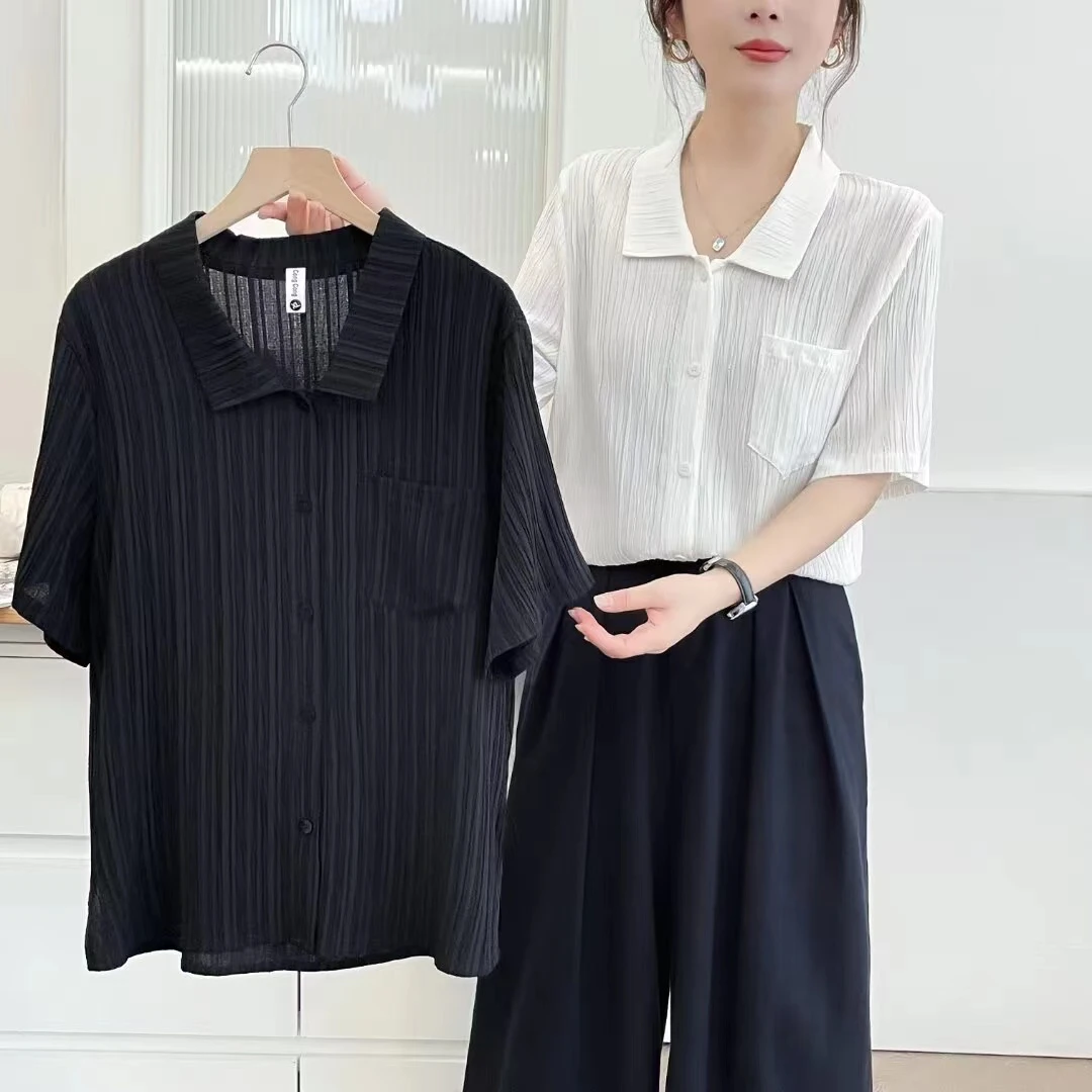 宽松显瘦肌理感立体短袖百搭翻领衬衫