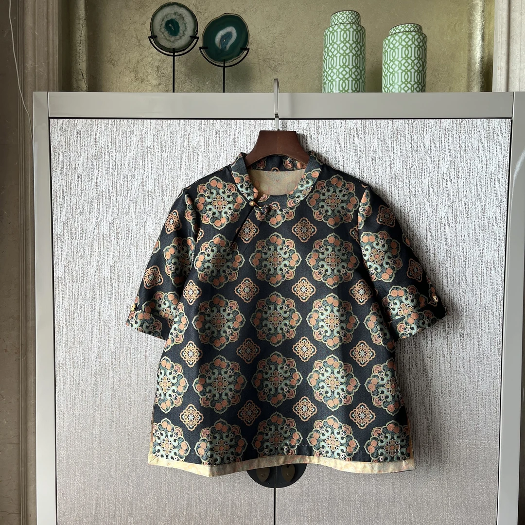 【万事如意】桑蚕丝立领衬衫花色时尚复古百搭气质中袖上衣