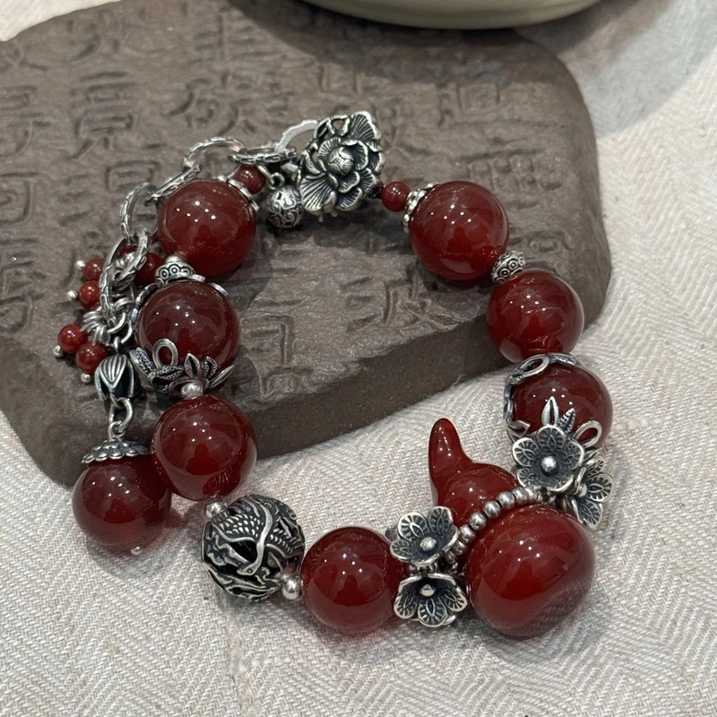 敦煌飞天 925银手链 s09661  红葫芦祥云珠五瓣花牡丹花扣手链