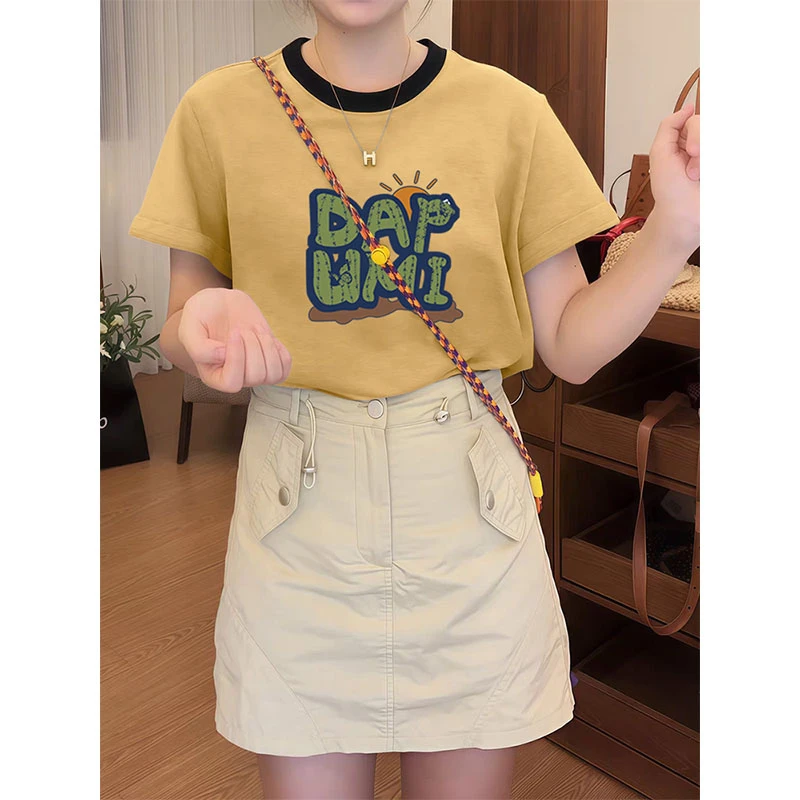 2025新款插色领口短袖t恤女时尚休闲百搭不撞款正肩黄色上衣夏季