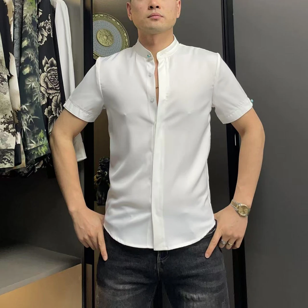 2025春夏新款男士修身国风立领轻奢高级暗扣纯色长袖短袖衬衣衬衫