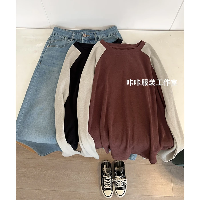 REKAYYAT“无花果”韩版简约复古百搭拼色插肩袖洋气圆领长袖T恤