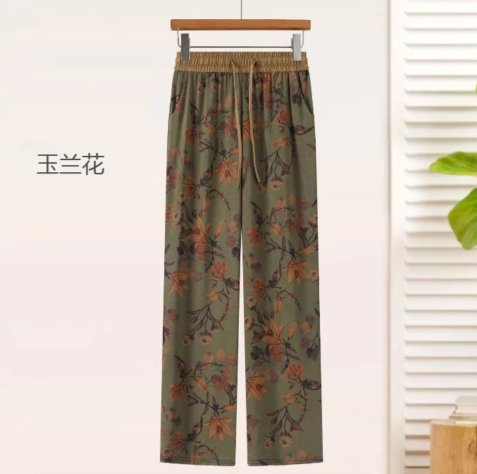 2501#夏季薄款新款缎面印花直筒休闲阔腿裤（2XL~5XL 90~160斤）